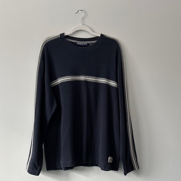 Vintage Aeropostale Navy Long Sleeve with Gray and white Stripes